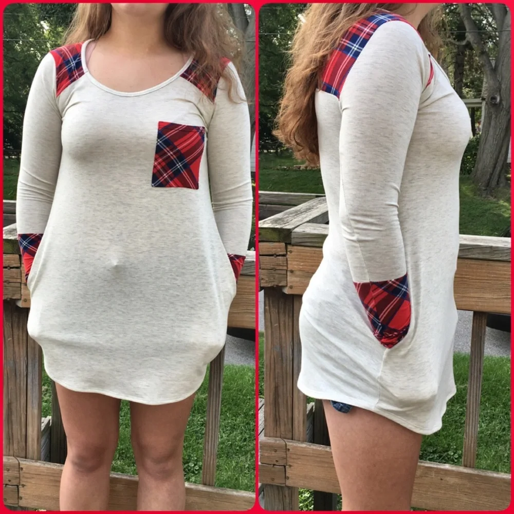 - Red Plaid Colorblock Pocket Tunic! NEW!